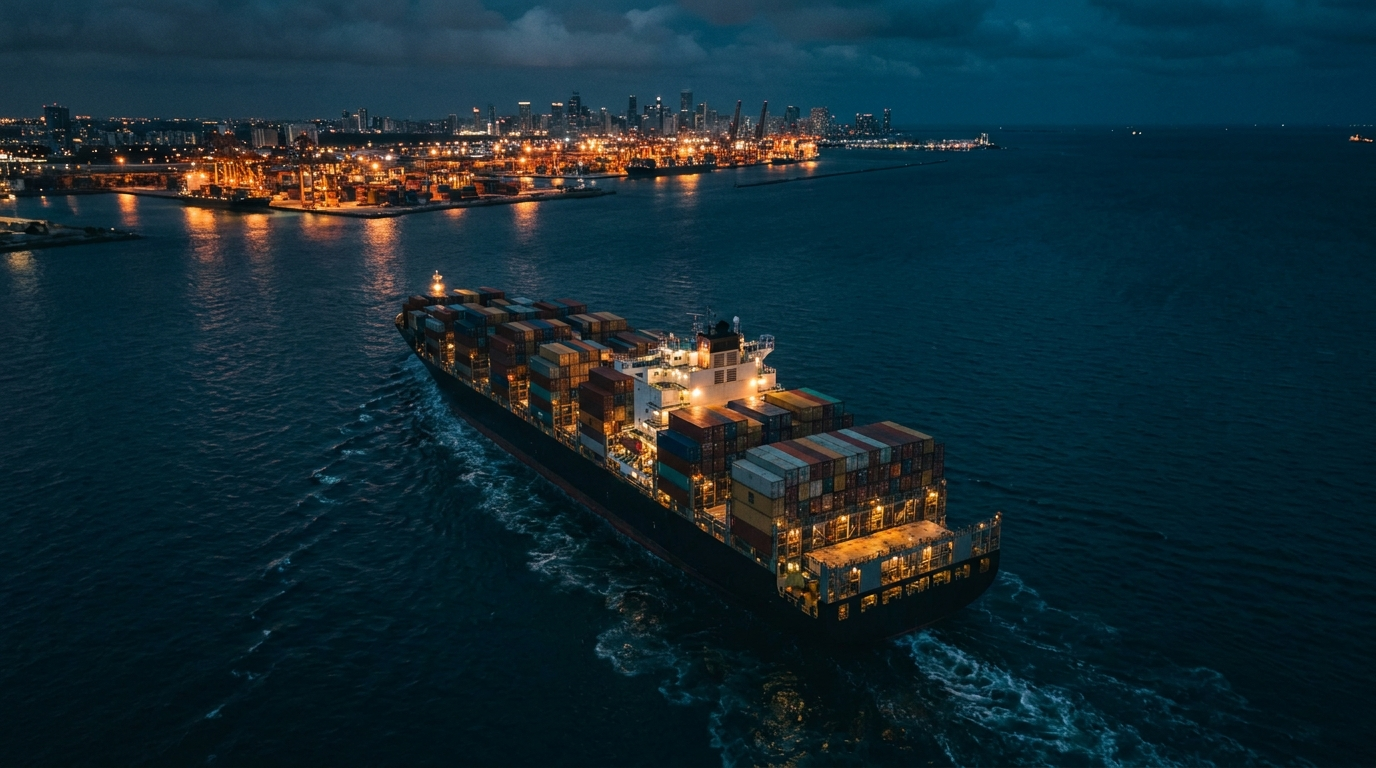 Aerial view of a cargo container ship at sea at night